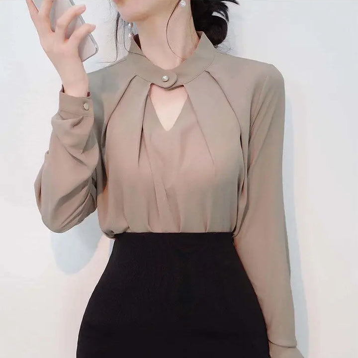 olid Chiffon Blouse - Slim Long Sleeve Hollow Sexy Spring Summer Top