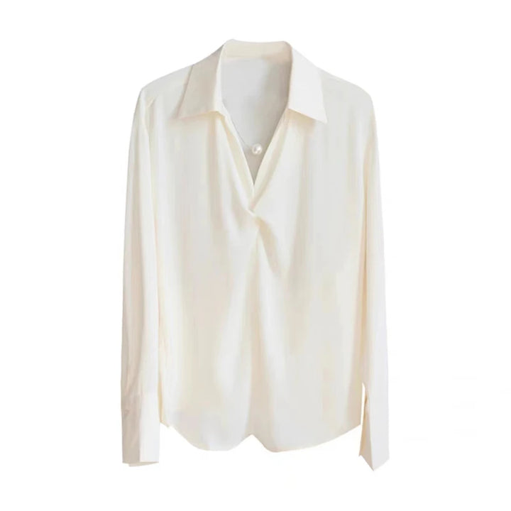 Autumn Casual Turn-Down Collar Blouse - Off-White Chiffon Long Sleeve Shirt