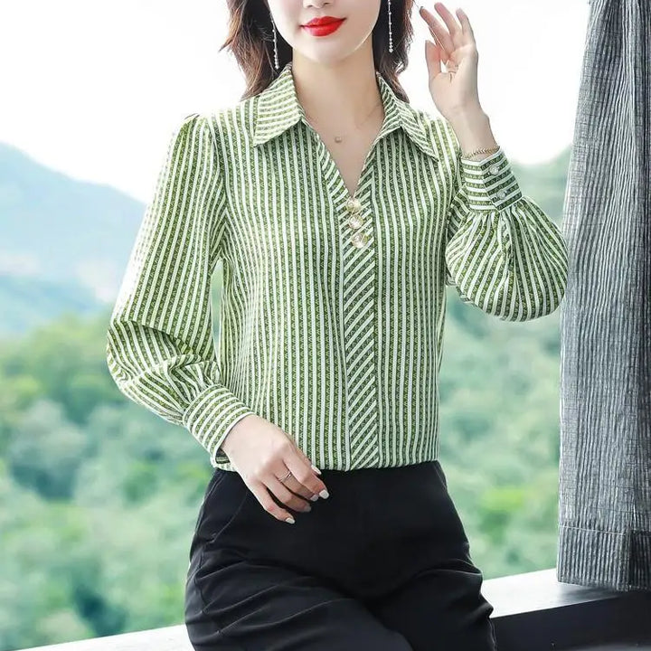 Striped Print Fashion Blouse - Elegant Office Lady Long Sleeve Shirt