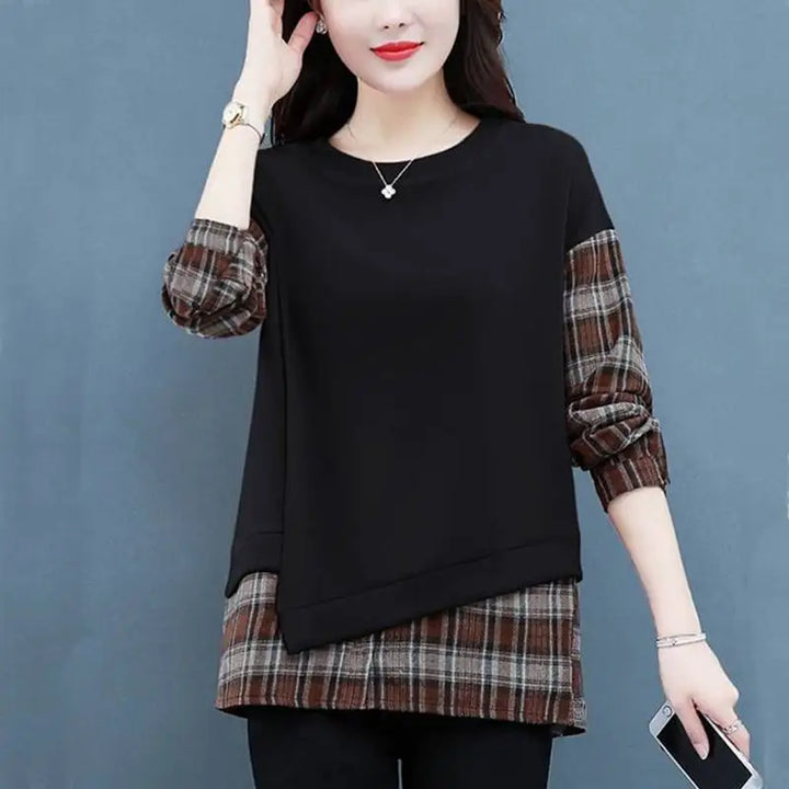 Autumn Plaid Sweatshirt - Casual Round Neck Long Sleeve Patchwork Top