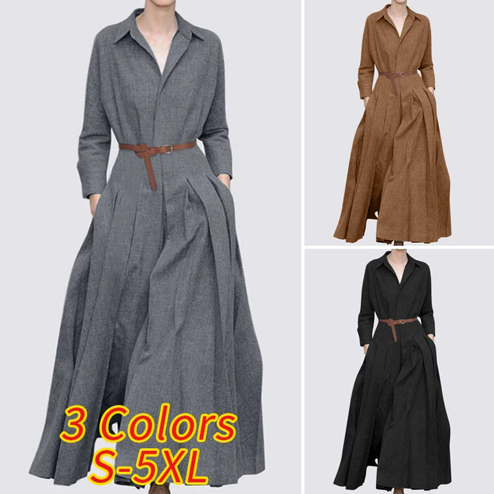 ZANZEA Spring Office Maxi Dress - Casual Oversized Lapel A-line Long Sleeve Dress