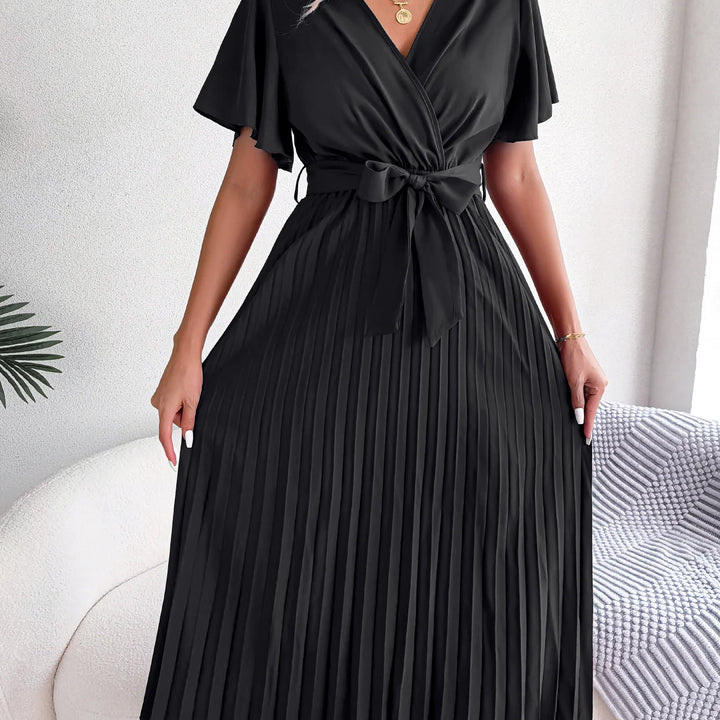 Elegant High Waist Ruffled Sleeve Pleated Maxi Dress