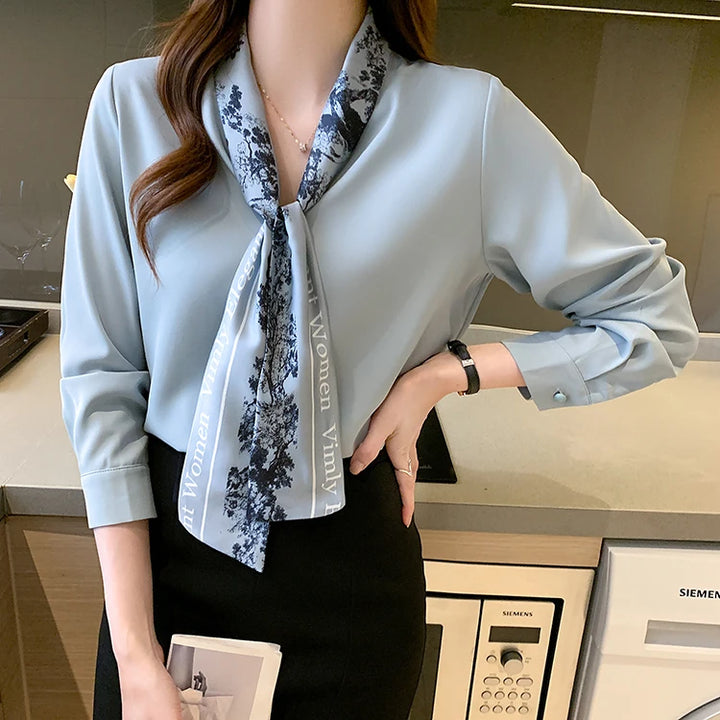 Elegant Autumn Bow Chiffon Blouse - Loose Fit Office Lady Shirt