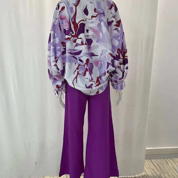 Spring & Autumn 2-Piece Set - Printed Shirt with Elegant Wide-Leg Pants