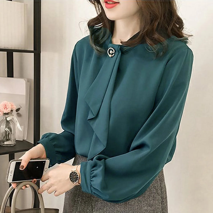 Elegant Lantern Sleeve Blouse - Round Neck Chiffon Office Lady Top