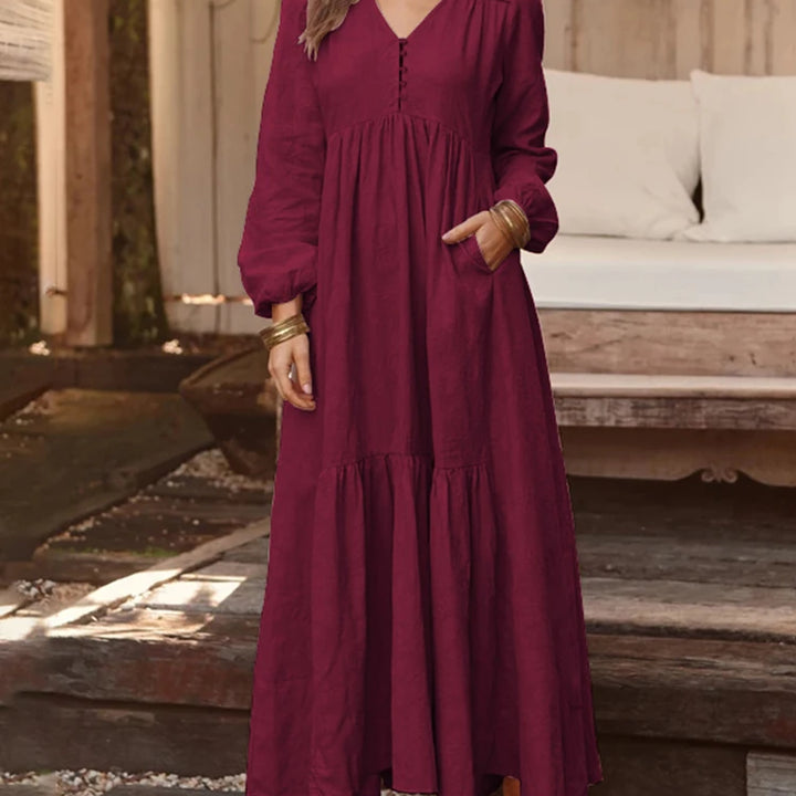 ZANZEA Bohemian Cotton Linen Maxi Dress - V-Neck Pleated Casual Kaftan