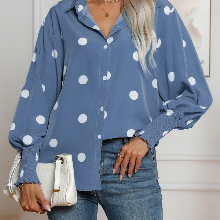 Casual Lapel Button Down Balloon Polka Dot Print  Lantern Sleeve Shirt