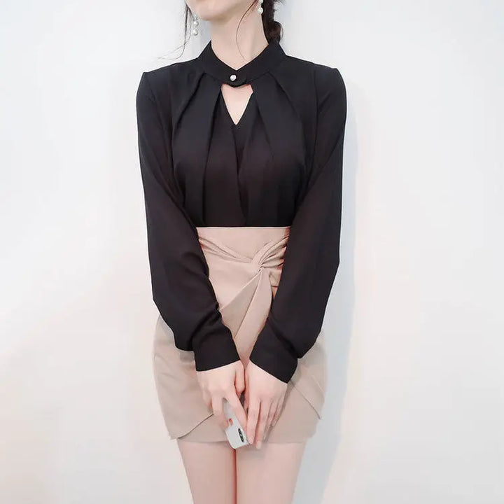 olid Chiffon Blouse - Slim Long Sleeve Hollow Sexy Spring Summer Top