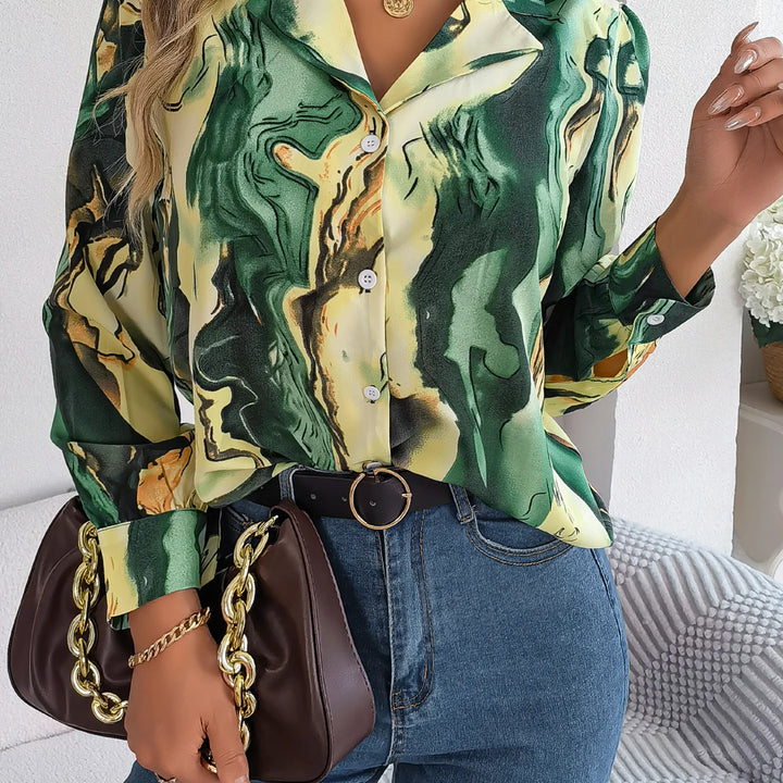 Casual All Over Print Notch Collar Button Long Sleeve Shirt