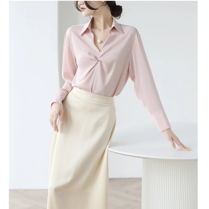 Autumn Casual Turn-Down Collar Blouse - Off-White Chiffon Long Sleeve Shirt