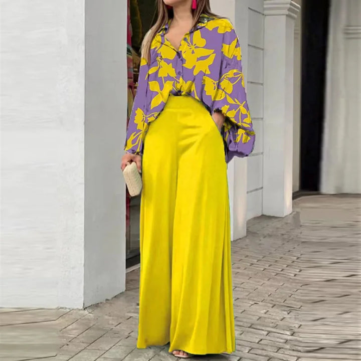 Spring & Autumn 2-Piece Set - Printed Shirt with Elegant Wide-Leg Pants