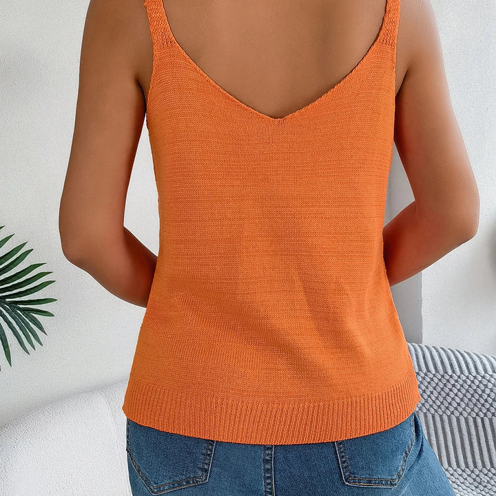 Casual V Neck Sleeveless Eyelet Knitted Chain Strap Top