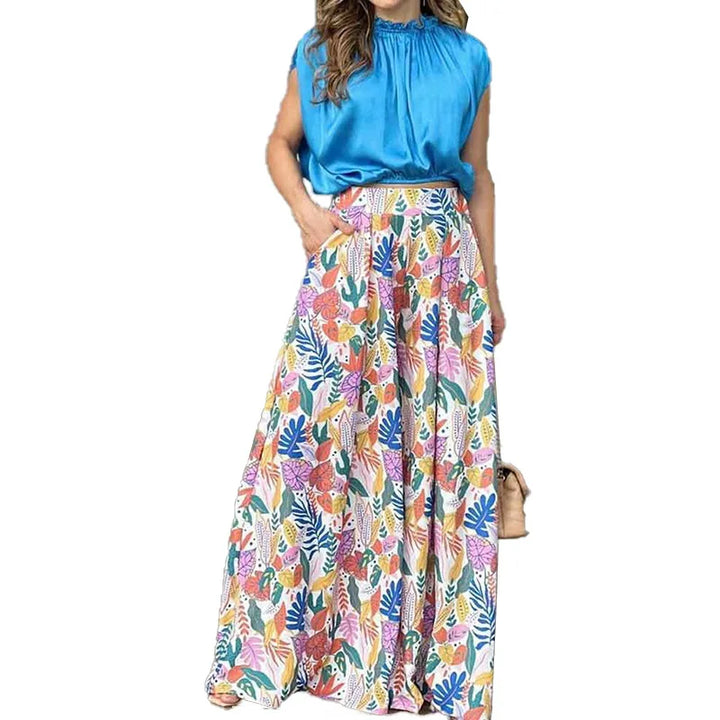 Spring & Autumn 2-Piece Set - Printed Shirt with Elegant Wide-Leg Pants