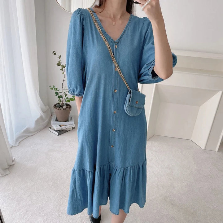 ZANZEA Oversized Denim Maxi Dress - Puff Sleeve Retro Baggy Summer Sundress