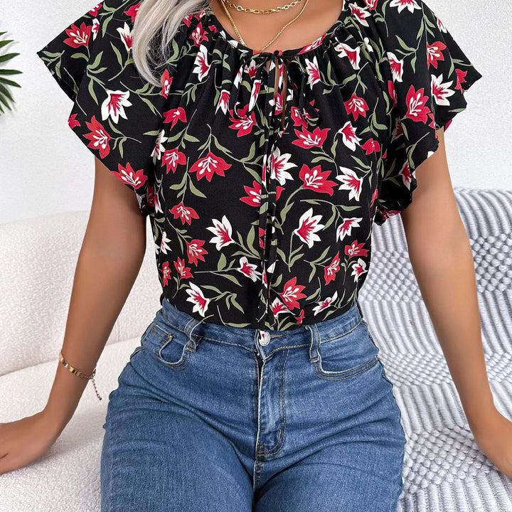 Floral Drawstring Blouse - Casual Crew Neck Short Sleeve Top