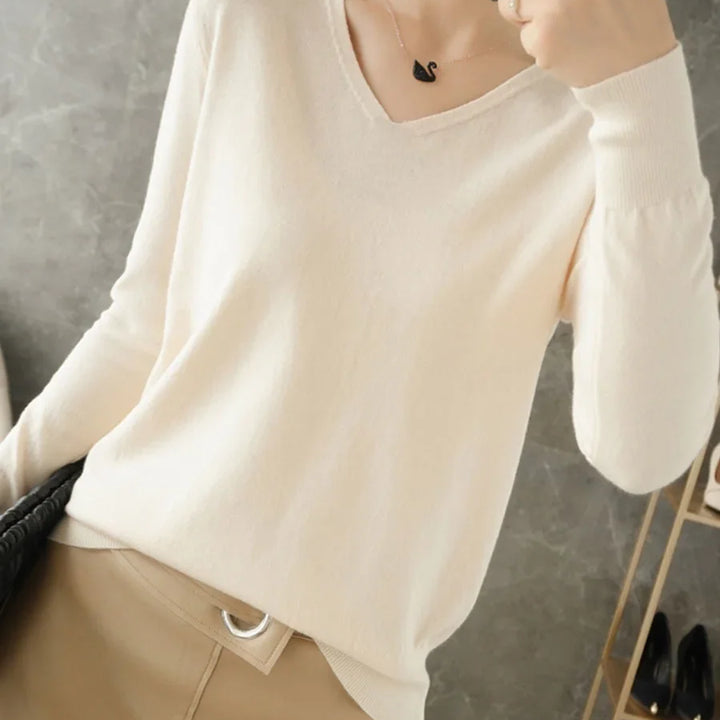 Women's V-Neck Knitted Sweater - Spring Autumn Cashmere Pullover