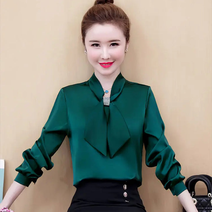 Spring & Summer Satin Shirt - Korean Fashion Bow V-Neck Long Sleeve Top