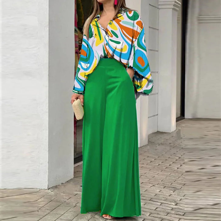 Spring & Autumn 2-Piece Set - Printed Shirt with Elegant Wide-Leg Pants