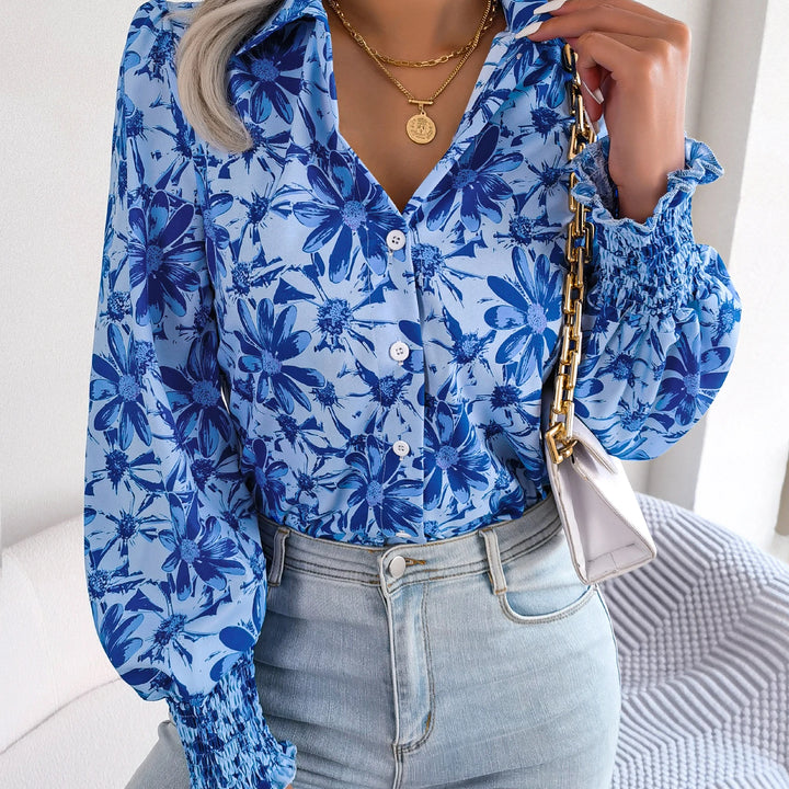 Casual Lapel Button Long Sleeve  Flower Print Shirts