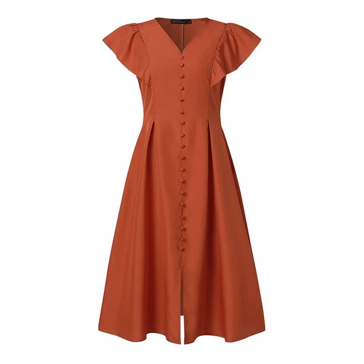 ZANZEA Elegant V-Neck Pleated Dress - Short Sleeve Mid-Calf Summer Kaftan