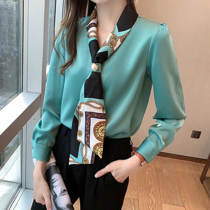 Spring Chiffon Blouse - Bow Long Sleeve Office Lady Casual Top