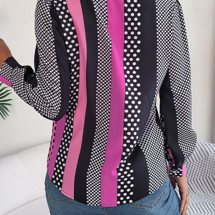 Casual Button Front Long Sleeve Stripe & Polka Dot Print Shirt, Women's Clothing