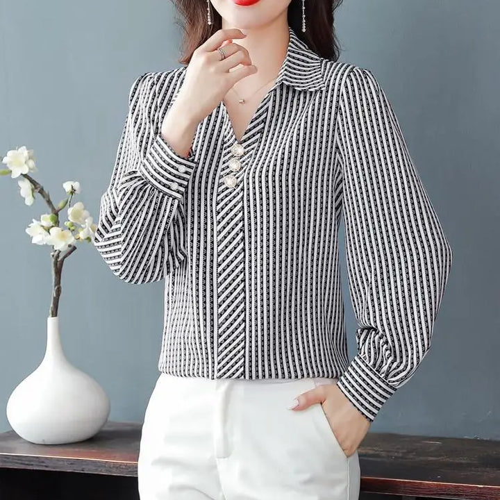 Striped Print Fashion Blouse - Elegant Office Lady Long Sleeve Shirt