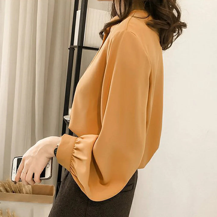 Elegant Lantern Sleeve Blouse - Round Neck Chiffon Office Lady Top