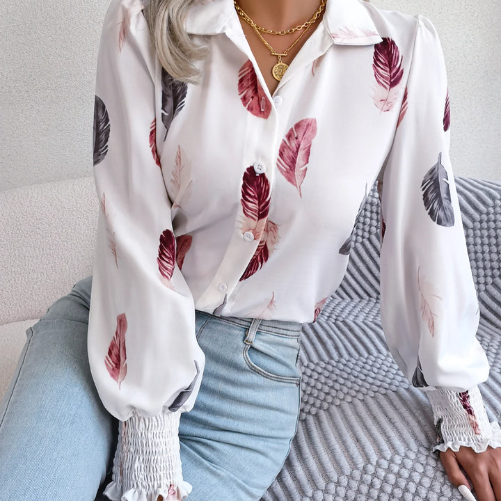 Casual Lantern Sleeve Button Front Turn Down Collar Feather Print Shirt