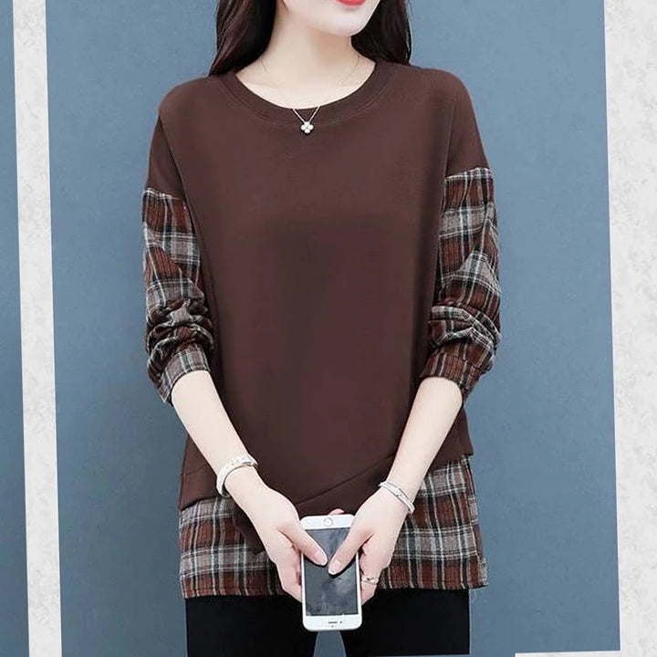 Autumn Plaid Sweatshirt - Casual Round Neck Long Sleeve Patchwork Top