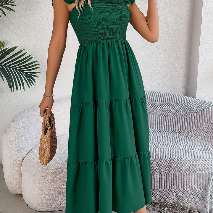 Solid Square Neck Dress - Elegant Waist-Tied Long Dress