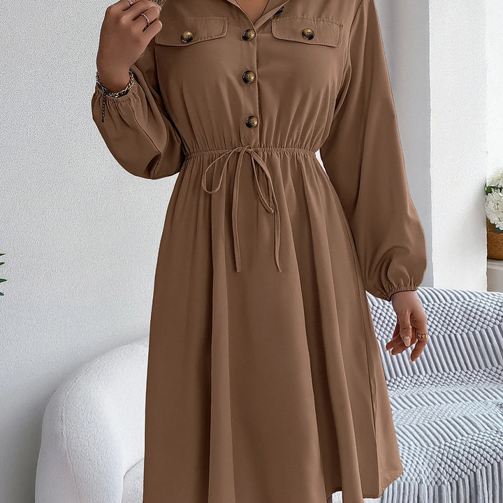 Elegant Button Front Lantern Sleeve Dress - Cinched Waist