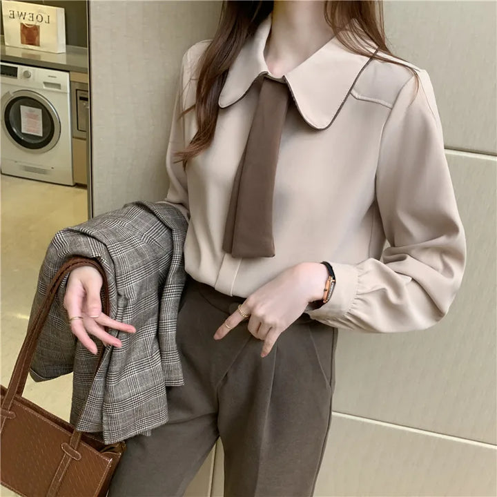 Long Sleeve Chiffon Blouse - Turn Down Collar Office Top