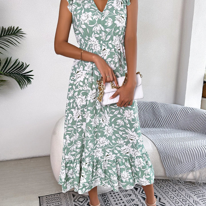 Casual V Neck Floral Print Ruffle Hem Dress