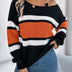 Casual Metal Buckle Off-Shoulder Sweater - Contrasting Color Long Sleeve Knitted Pullover