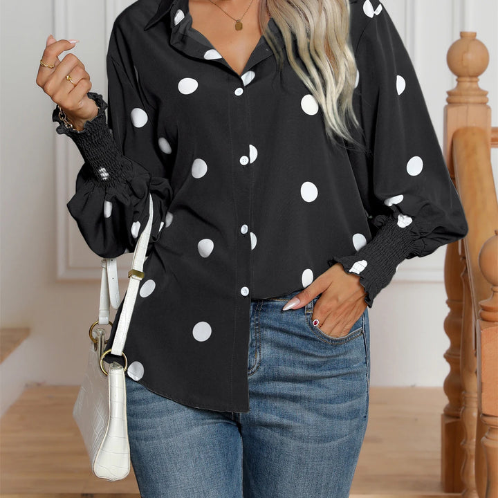 Casual Lapel Button Down Balloon Polka Dot Print  Lantern Sleeve Shirt