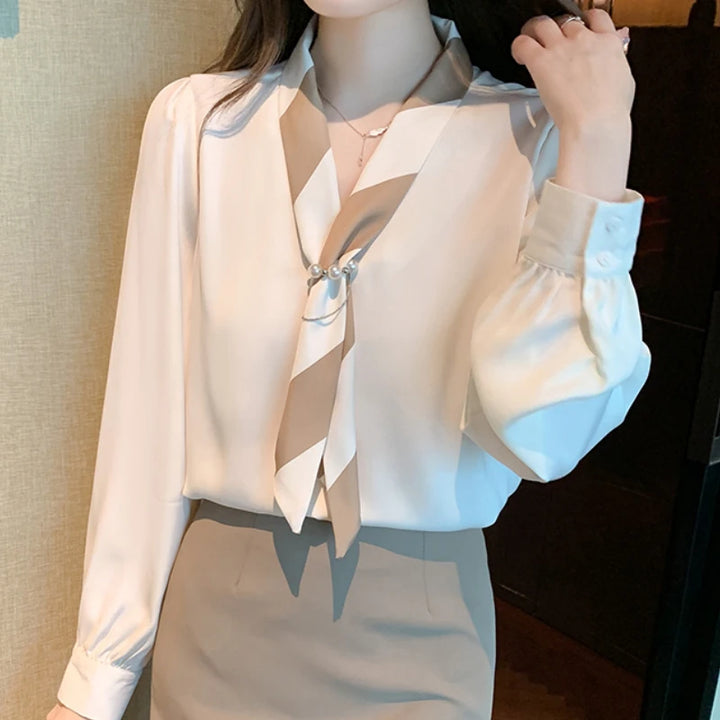 Chiffon Blouse for Women - Elegant Lace-Up V-Neck Long Sleeve Office Top