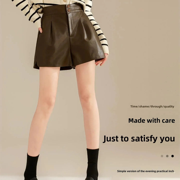 Women's High-Waisted Slimming A-Line Leather Shorts in Coffee Color