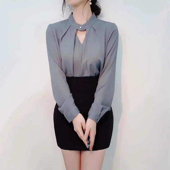 olid Chiffon Blouse - Slim Long Sleeve Hollow Sexy Spring Summer Top