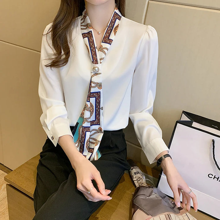 Spring Chiffon Blouse - Bow Long Sleeve Office Lady Casual Top