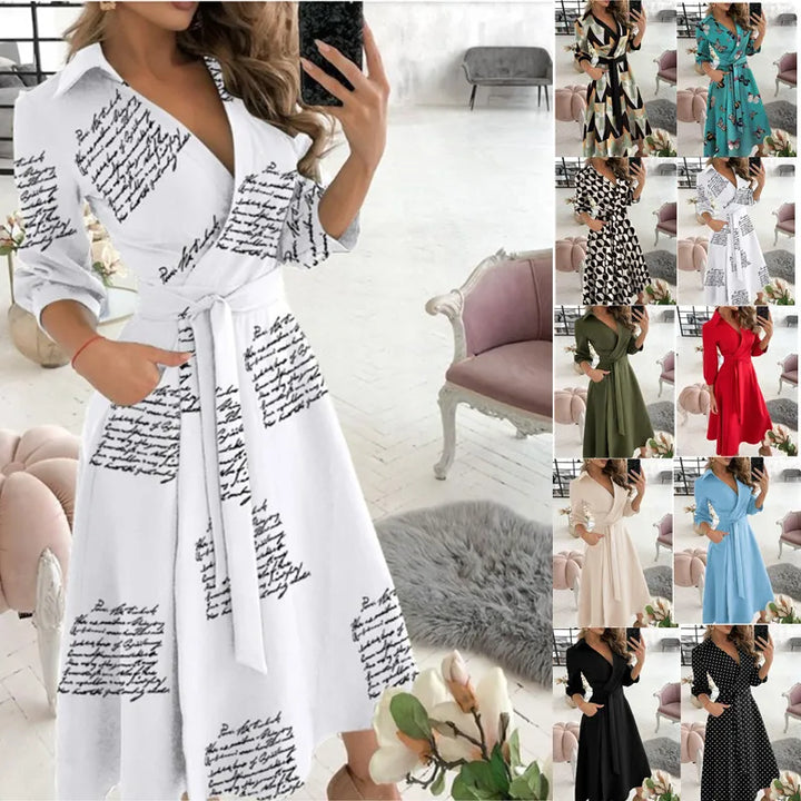 Women's V-Neck Long Sleeve Wrap Dress with various prints