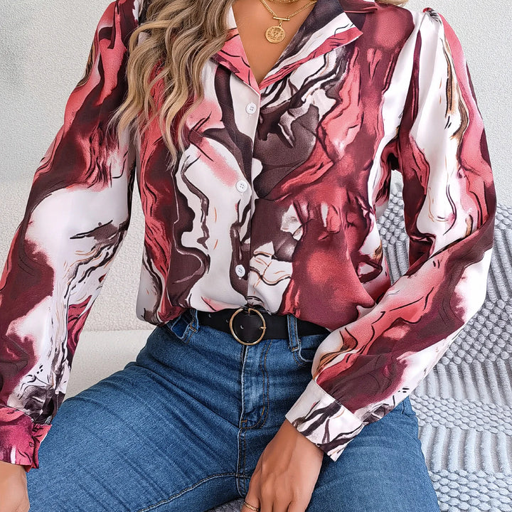 Casual All Over Print Notch Collar Button Long Sleeve Shirt