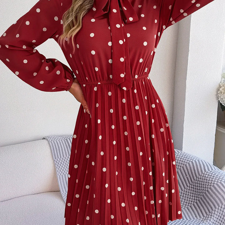 Casual Tie-neck Polka-dot Print Cinched Waist Pleat Dress For Women