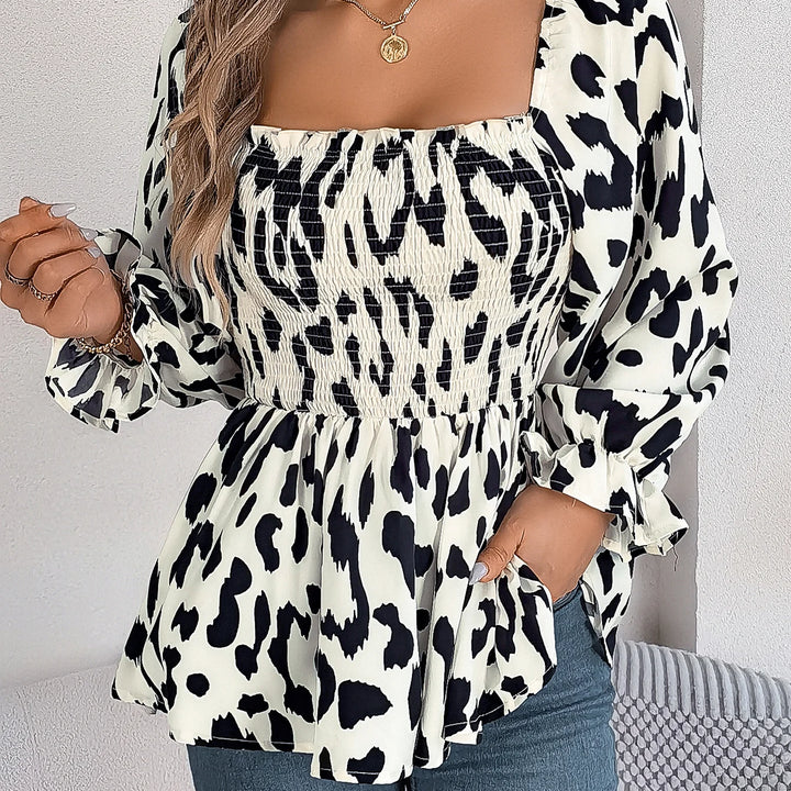 Casual Allover Print Square Neck Shirred Ruffle Hem Blouse