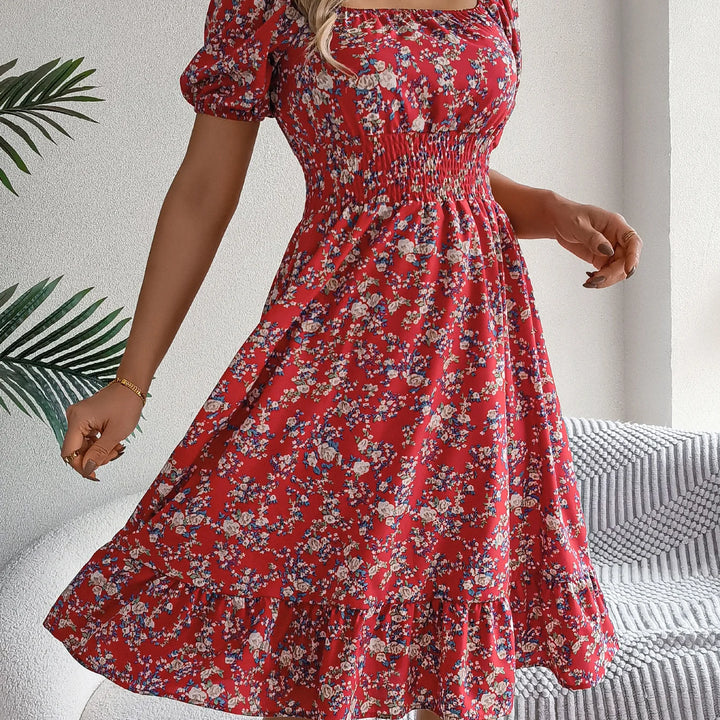 Casual Square Neck Shirred Waist Floral Print Short Sleeve Ruffle Hem Dress For Summer