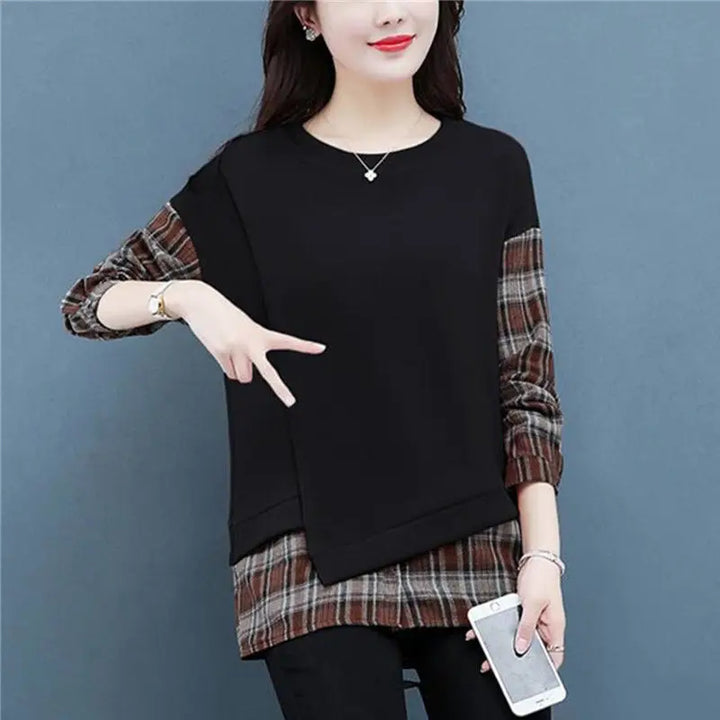 Autumn Plaid Sweatshirt - Casual Round Neck Long Sleeve Patchwork Top