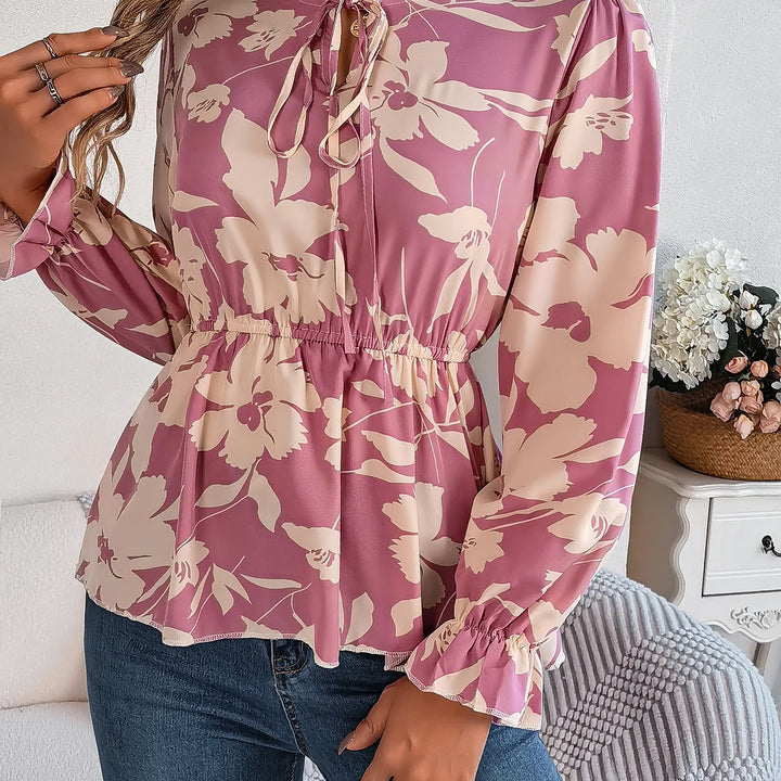 Vacation Style Tie Neck Long Sleeve Waist-tied Floral Print Blouse