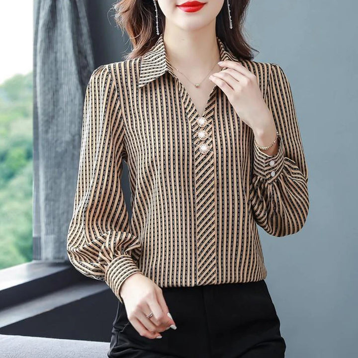 Striped Print Fashion Blouse - Elegant Office Lady Long Sleeve Shirt