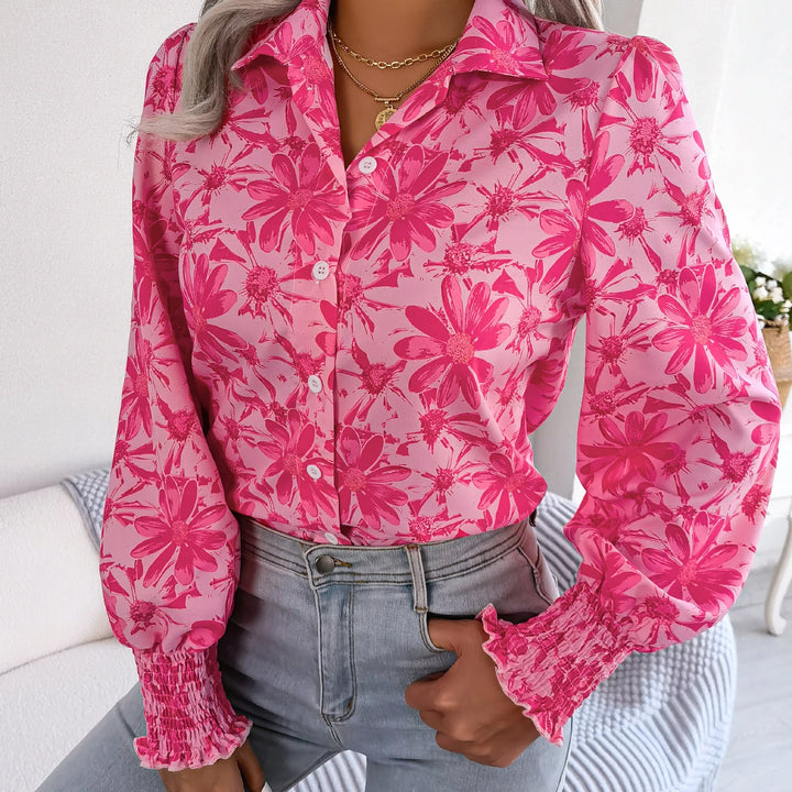 Casual Lapel Button Long Sleeve  Flower Print Shirts