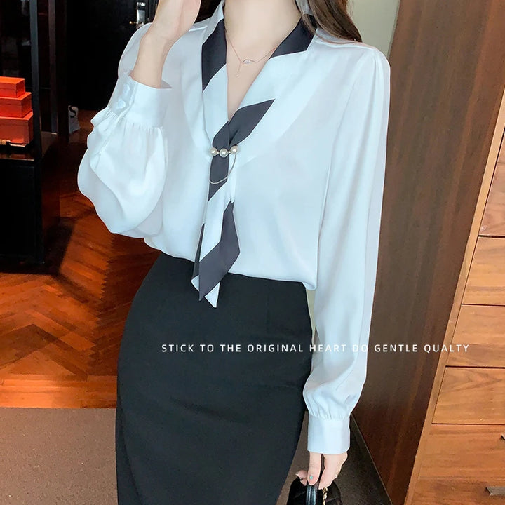 Chiffon Blouse for Women - Elegant Lace-Up V-Neck Long Sleeve Office Top